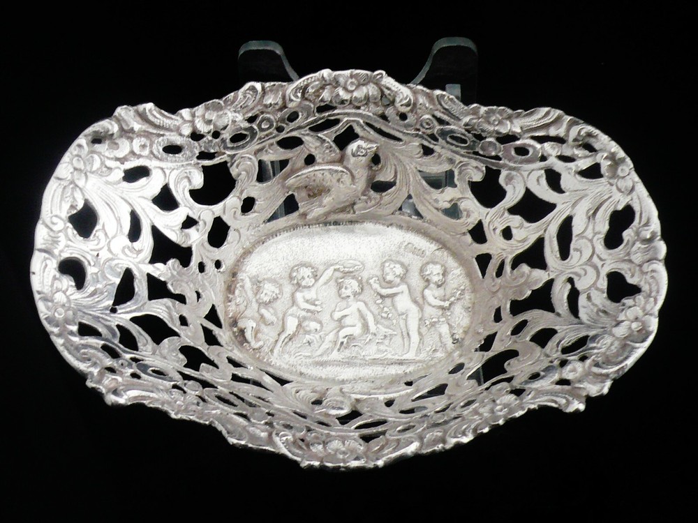 Antique Hanau Silver Openwork Cherub & Birds Dish c.1890