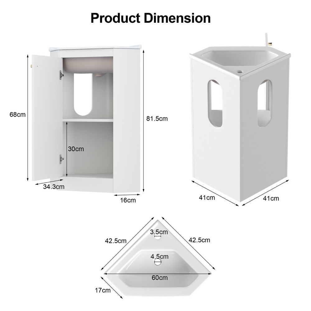 24" Corner Bathroom Vanity Sink Combo for Small Space Freestanding Storage White