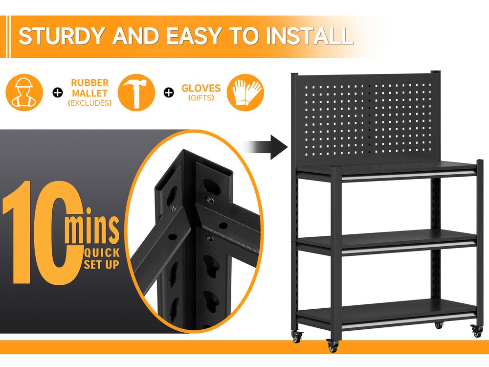 Metal Workshop Shelving Work Bench Garage Tool Storage Shelves W/Pegboard Wheels