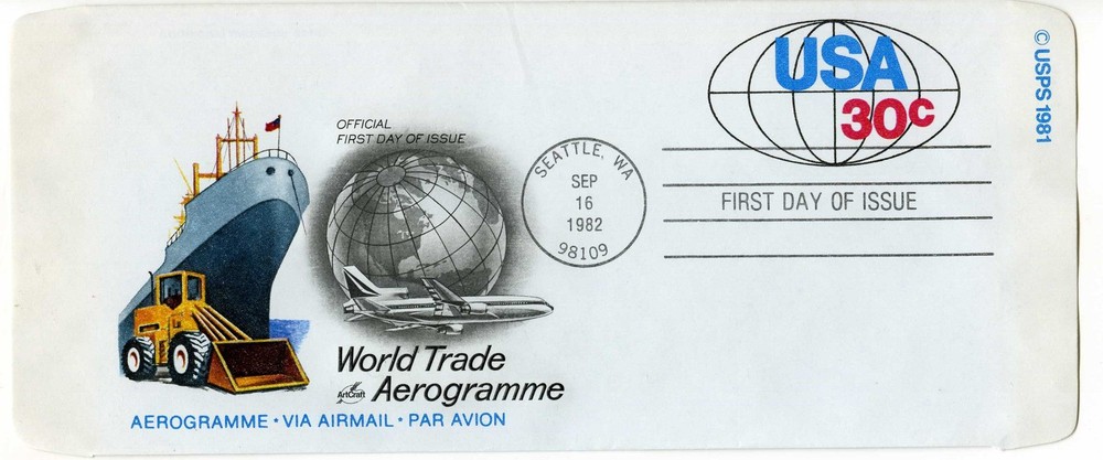 UC55 30c World Trade Aerogramme, ArtCraft, FDC