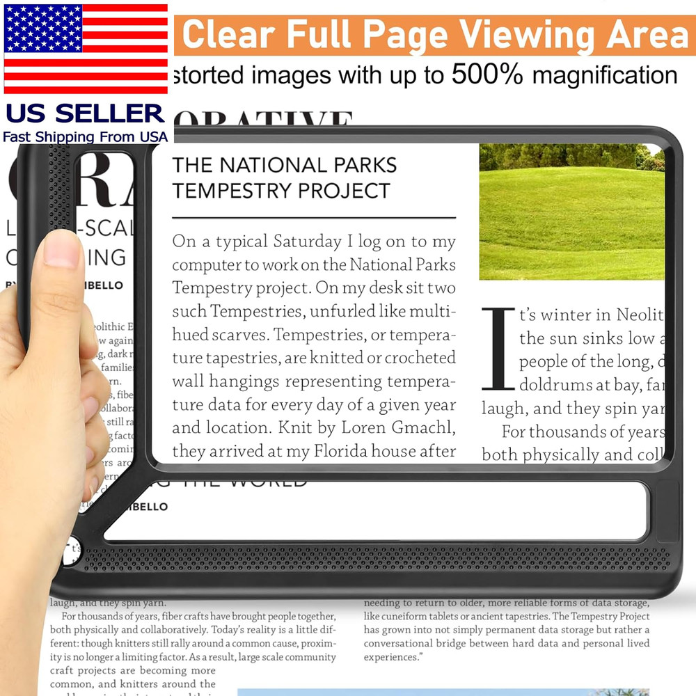 5X Full Page Magnifying Glass for Reading, Lightweight Rectangular Magnifier Pro