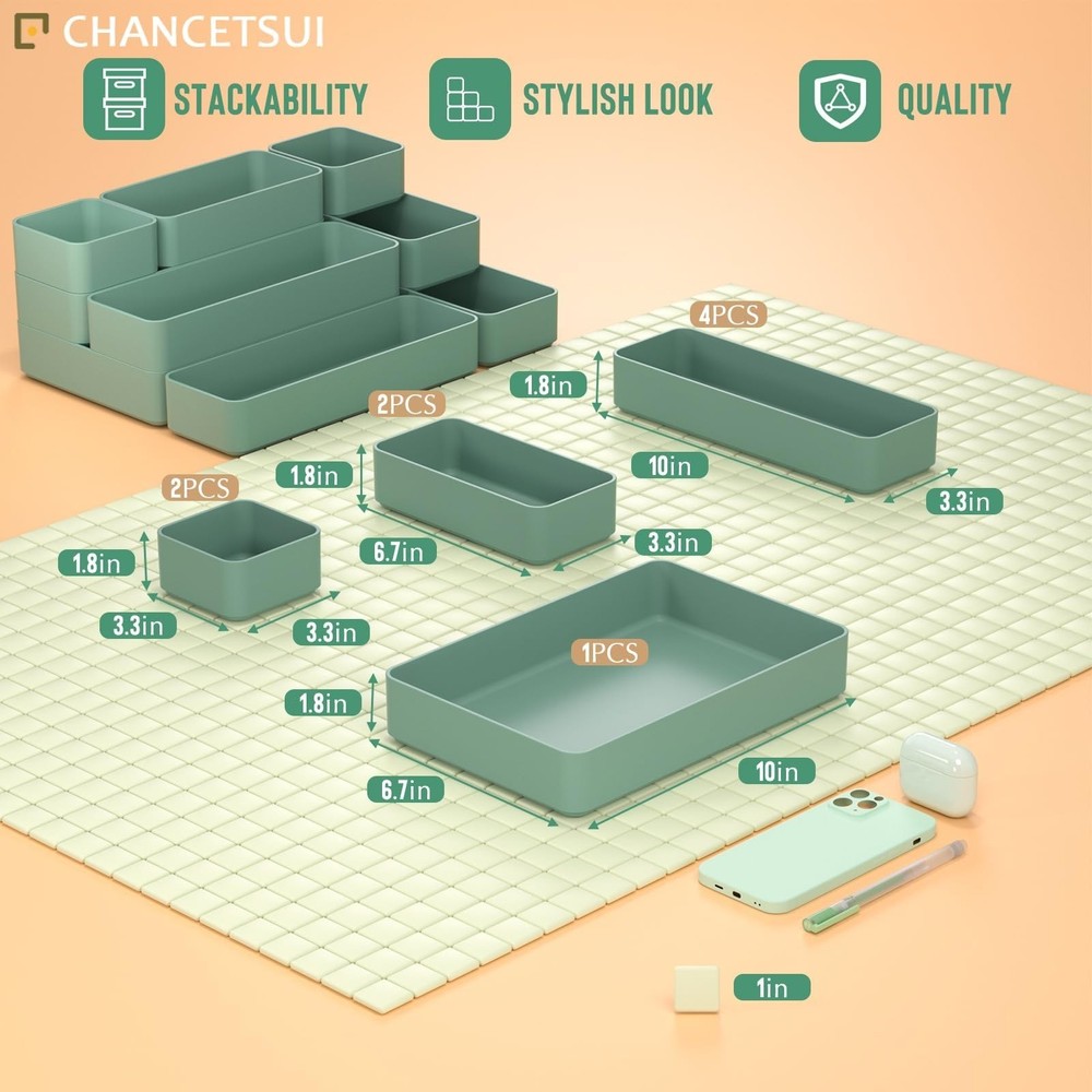 CHANCETSUI 9 Pcs Stackable Drawer Organizer Trays Set, Green, Multifunctional...
