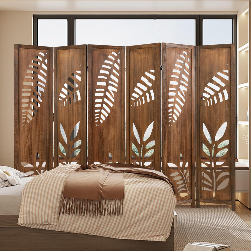 Boho Rustic Room Divider, 6 Panel Carved Leaf Folding Wood Screen, Fully Assembl