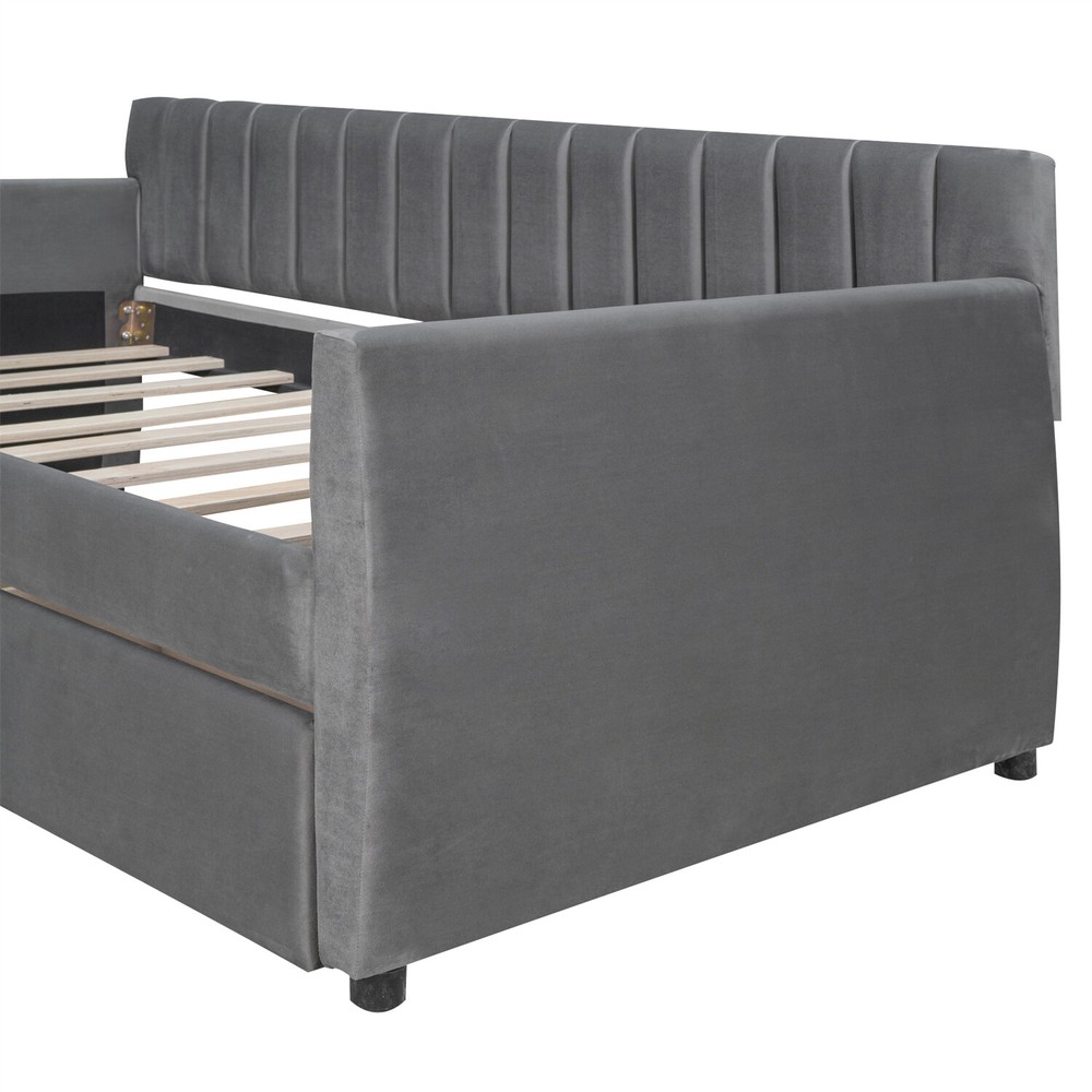 Twin Size Daybed with 2 Drawer Upholstered Bed Frame Sofa Bed w/ Storage Gray