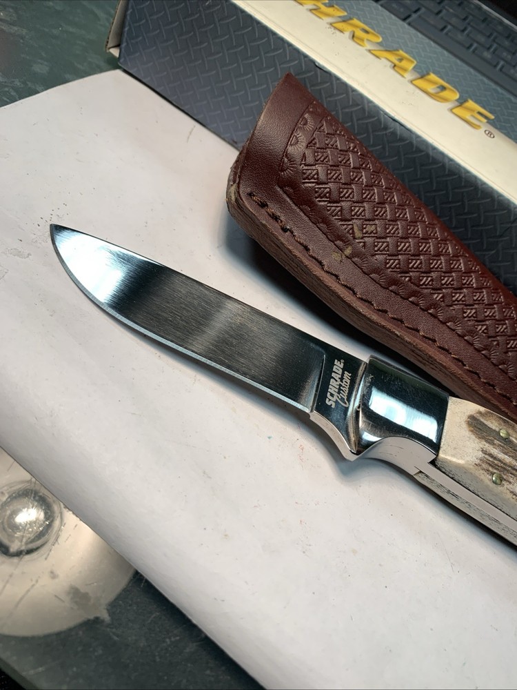 Schrade Custom Fixed Blade Knife with STAG handle &Leather Embossed Sheath SHD1