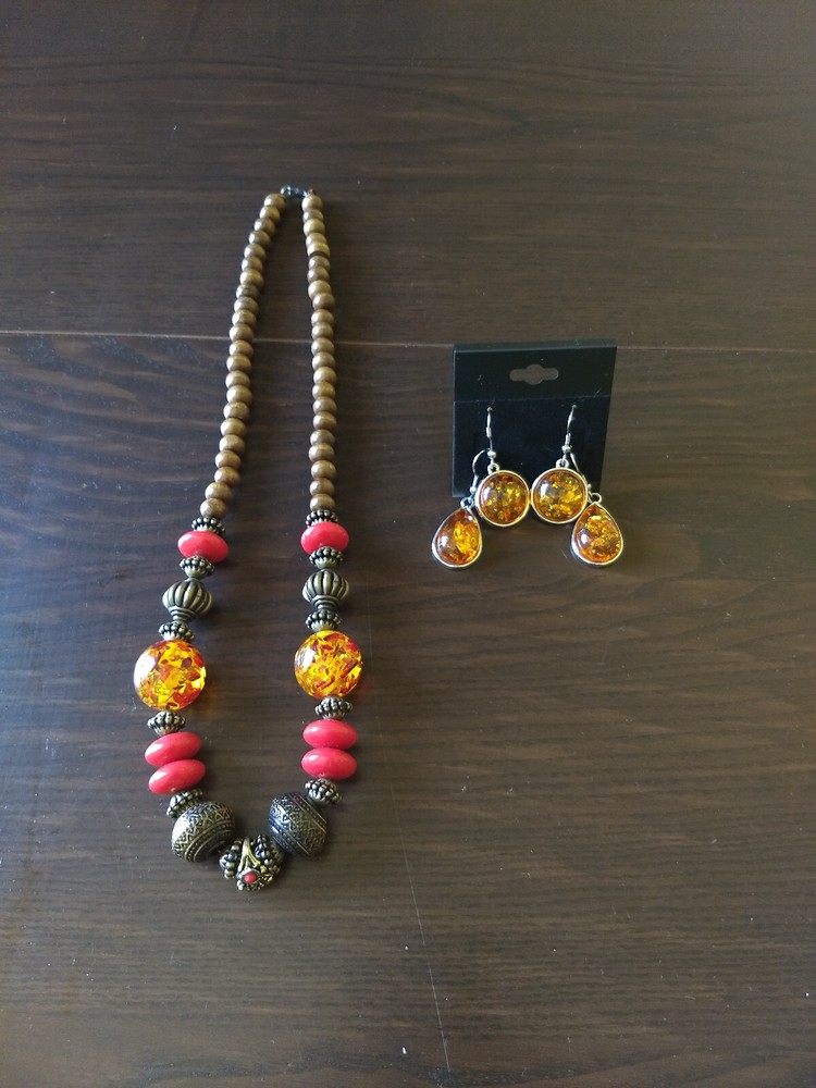Amber Stone Silver Dangle Earrings & Necklace Set Statement Boho Western