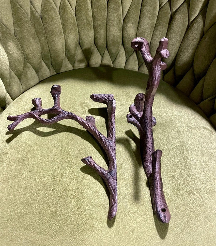 2 Rustic Cast Iron Shelf Bracket Wall Mount Hardware Brace Tree Branch Sculpture