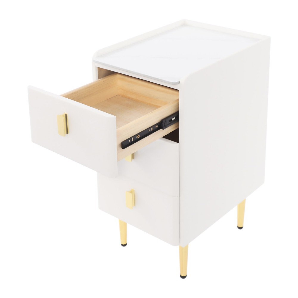 3 Drawer Narrow Side Table - Leather & Wood, Titanium-plated, Rectangular Modern