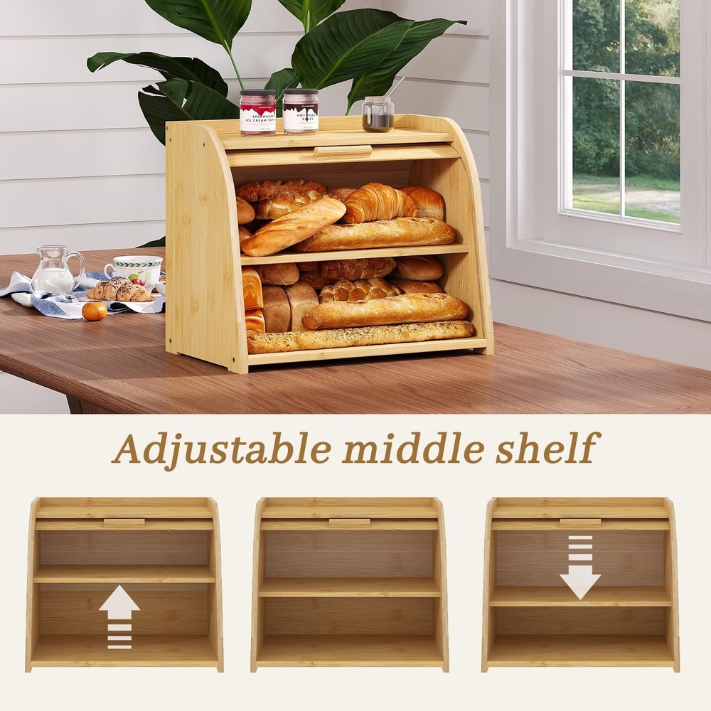 Bread Box for Kitchen Countertop, Bamboo Bread Storage, Double-Layer Roll-Top...