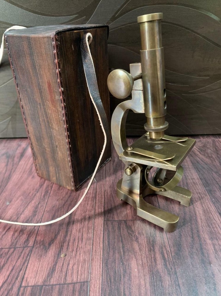 Antique Brass Microscope Student Microscope 7" Monocular Type With Leather Cover