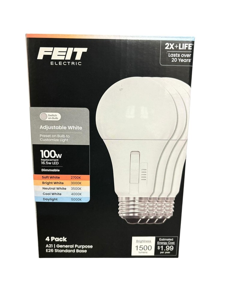 Feit Electric A21 LED Light Bulb, Adjustable White 2700K–5000K, Dimmable, 1500
