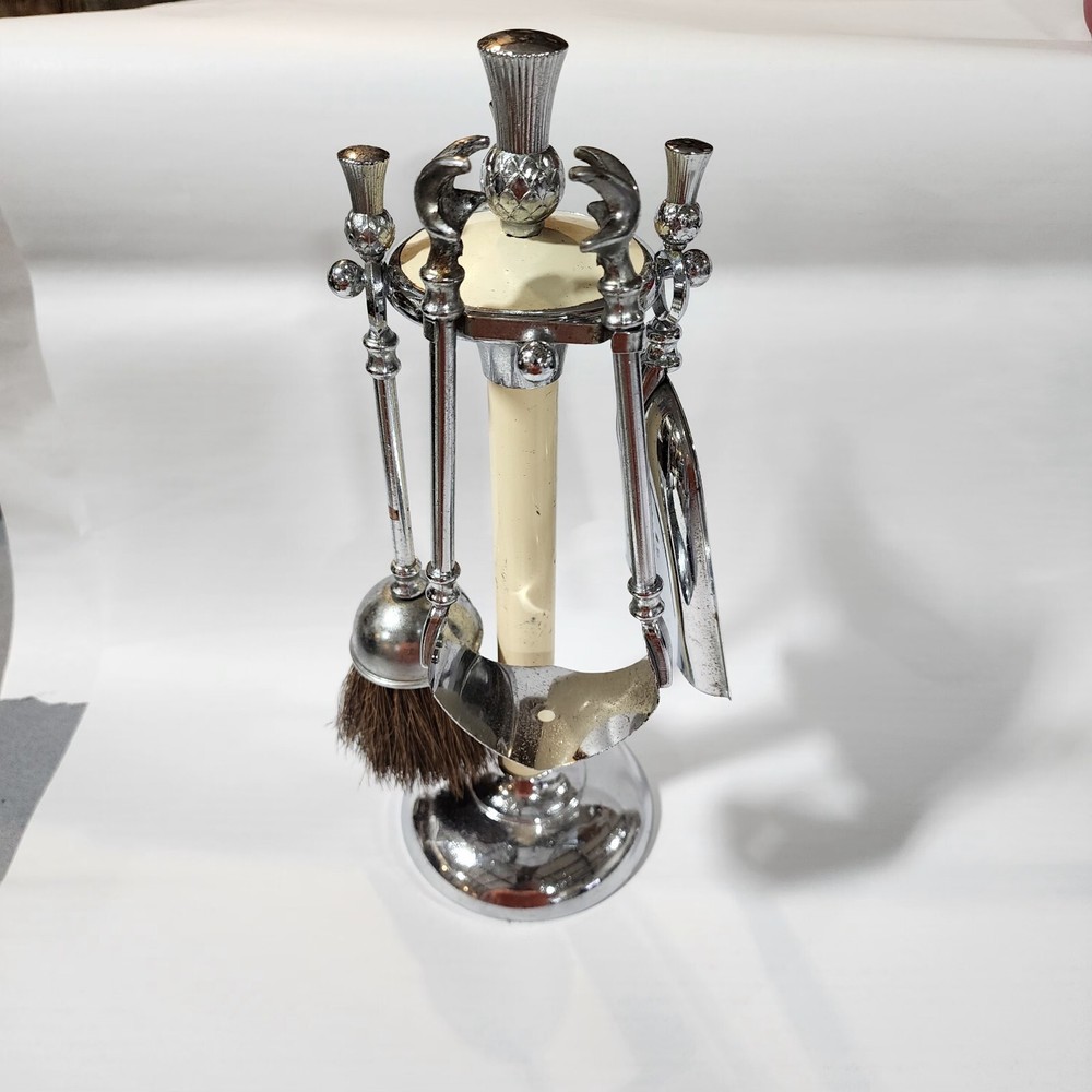 Art Deco Thistle Top Chrome Petite Fireplace Tools Set