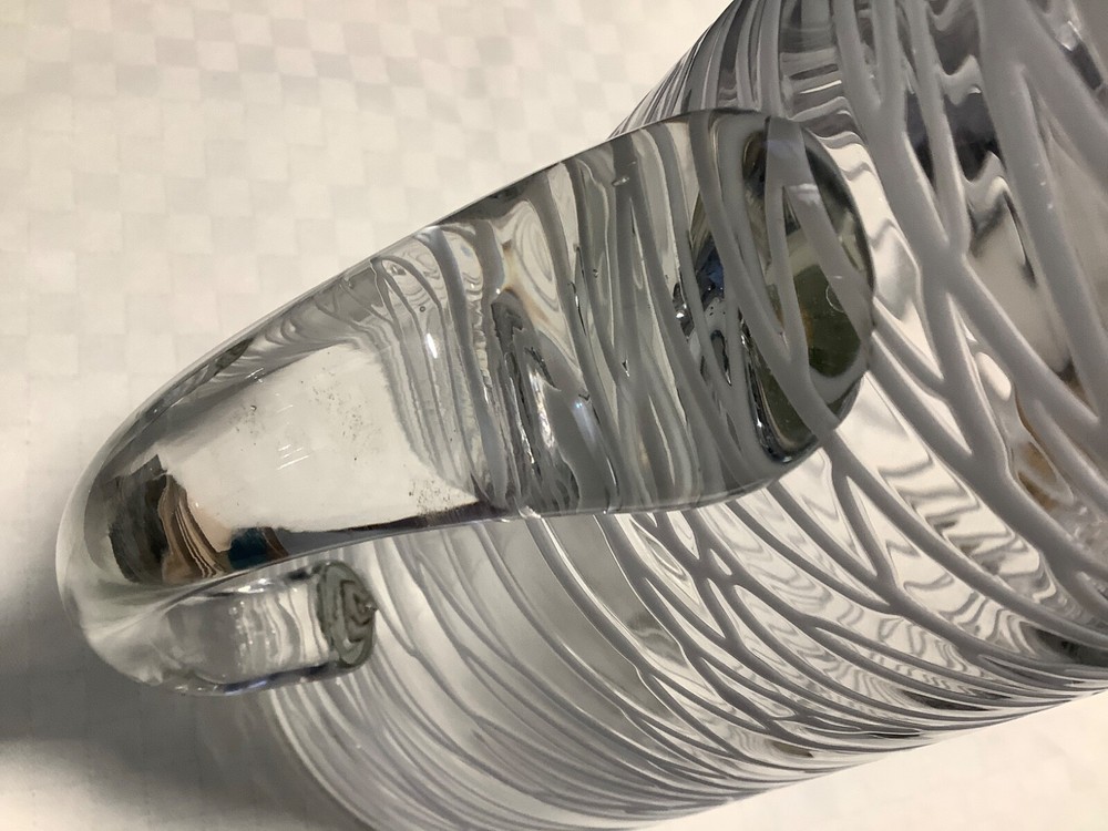 Clear Glass 10” Pitcher Raised White Drizzle Glaze Applied Handle