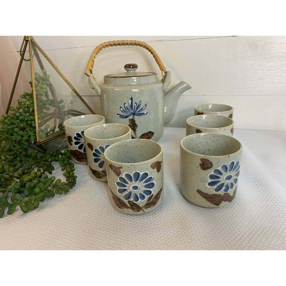 Stoneware Tea Set Kettle with Six cups Bamboo handle