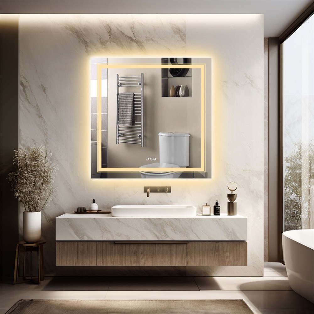 Double LED Bathroom Mirror 32x32 with Lights Defog Stepless Dimmable Wall Mirror