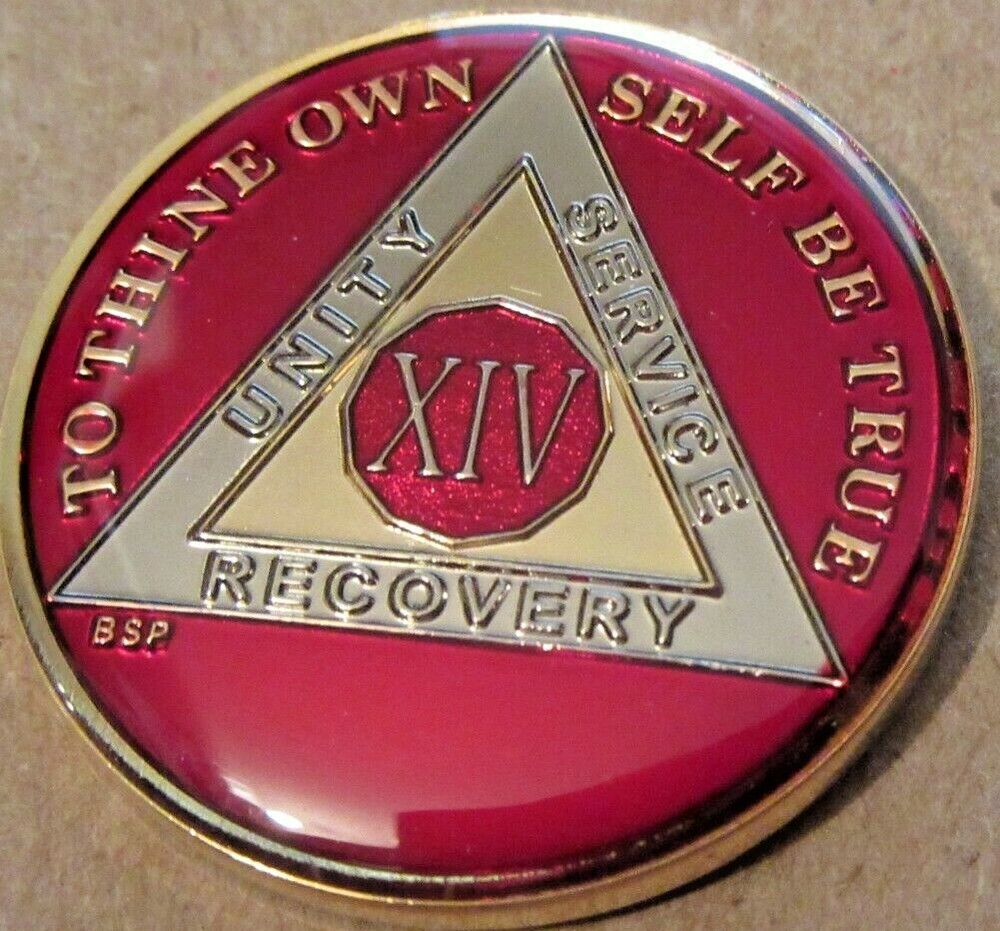 Red Alcoholics Anonymous 14 Year AA Medallion Coin Token Chip Sober