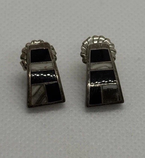 Native BARNEY Signed Sterling Silver 925 Navajo Earrings Inlay Design
