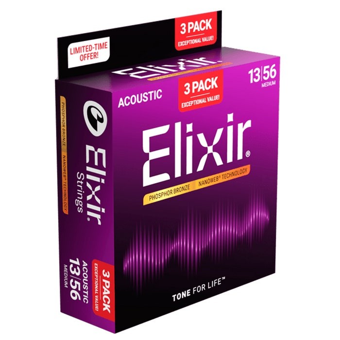 Elixir 3-Pack Phosphor Bronze NANOWEB Acoustic Guitar Strings, Medium 13-56