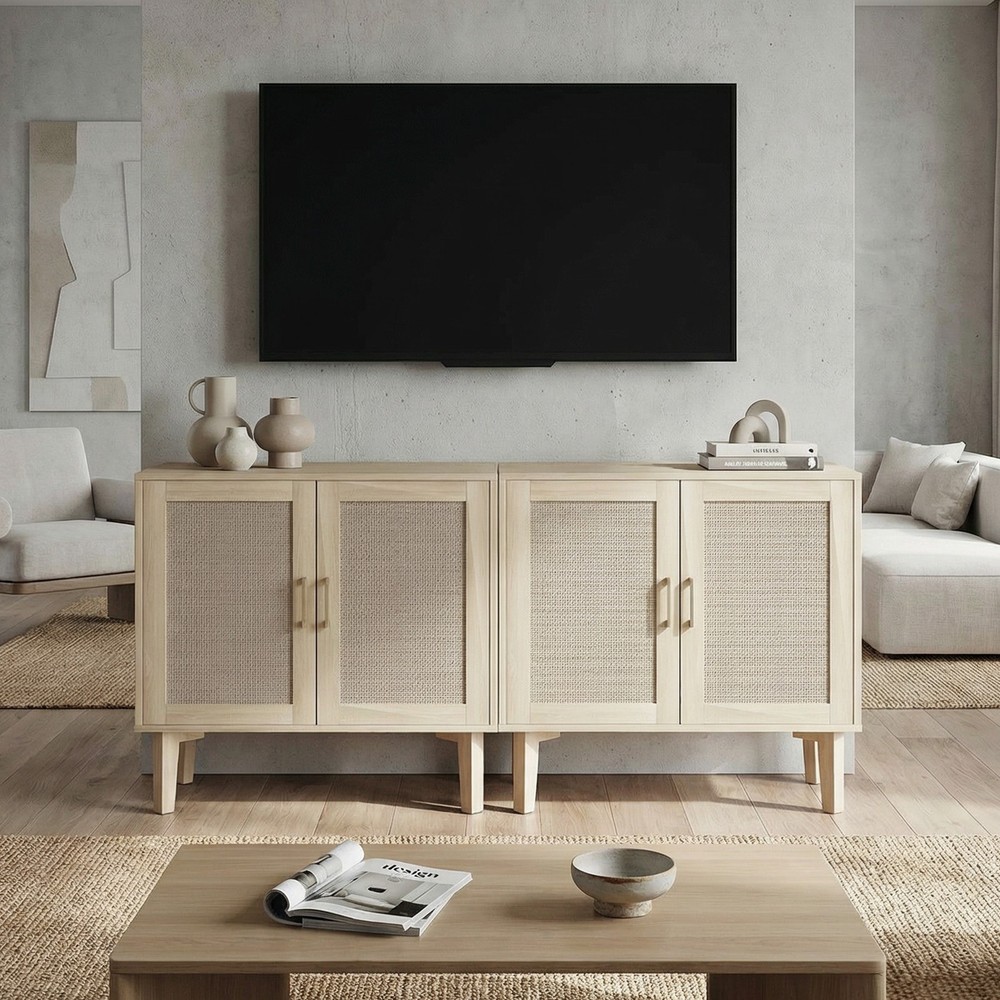 ↑Buffet Cabinet With Rattan Decor Doors Solid Wood Feet Multifunctional