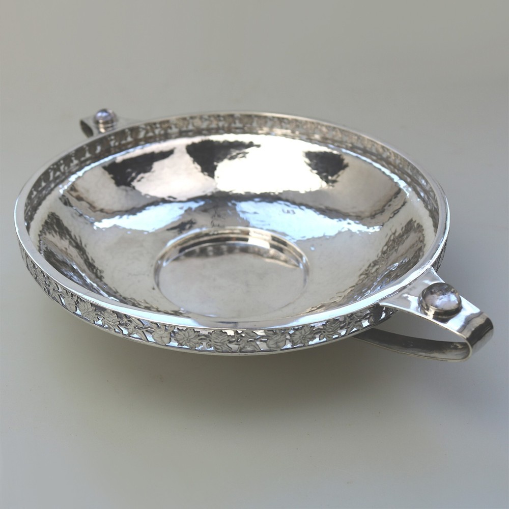 Extremely rare A E Jones cabochon set Arts & Crafts solid silver Bowl 252g 1910