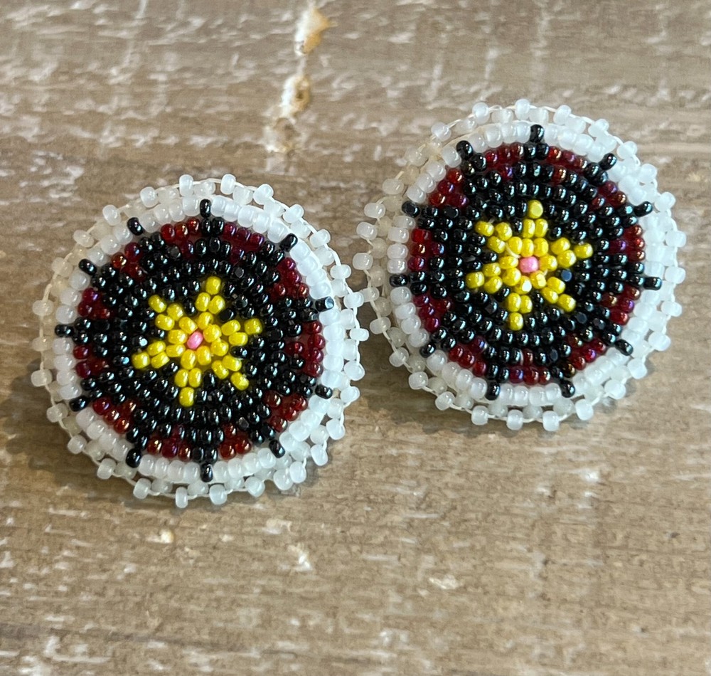 Stud Earrings Native American Style Leather Back Seed Beads Handmade Beaded