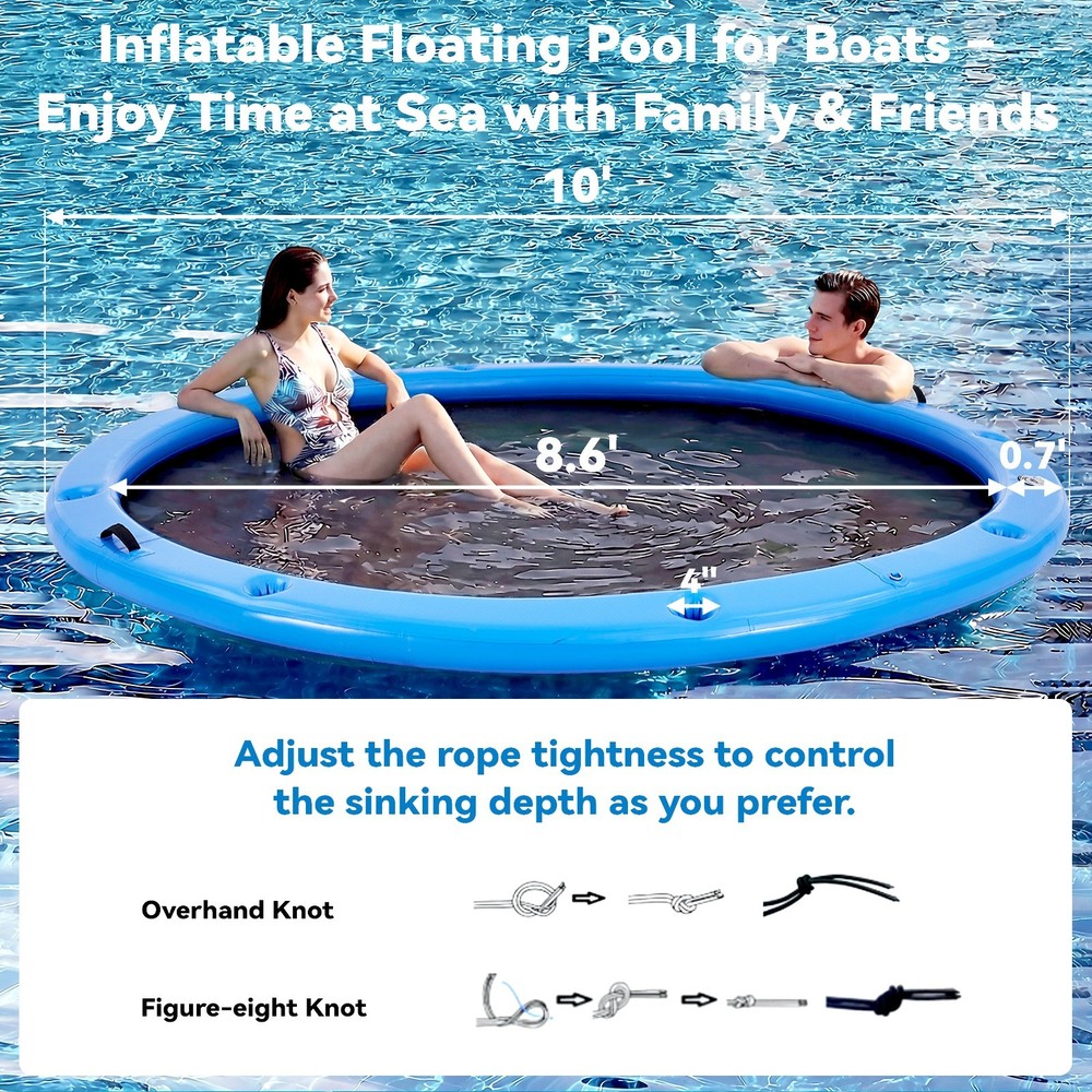 10FT Sunchill Heavy-Duty Float Ring, Cup Holders, Hammock for Lake, Blue
