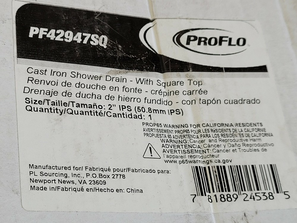 PROFLO Cast Iron Square Chrome Shower Drain 2" IPS Connection