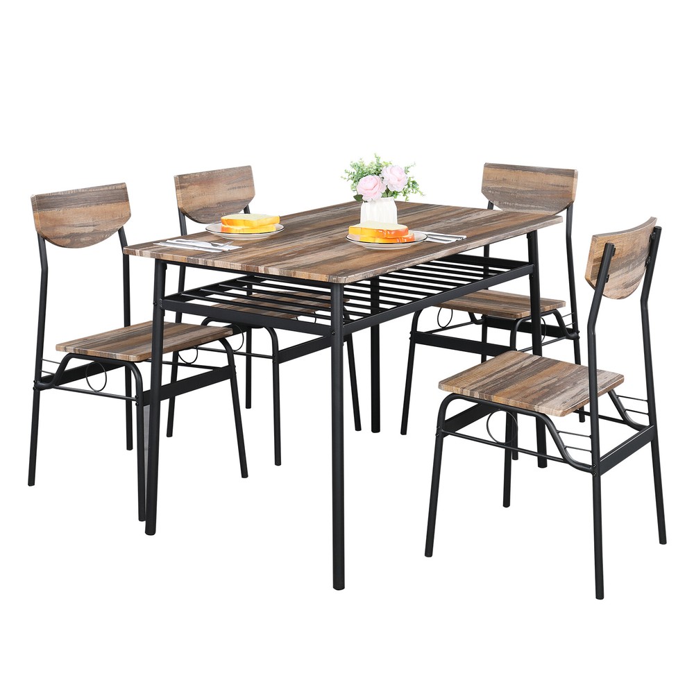 US 5Pcs Rustic Wood Dining Set With 1 Rectangular Table & 4 Chairs Natural Color