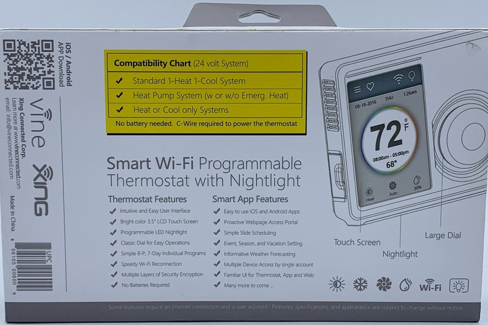Vine TJ610BW Programmable Thermostat with Nightlight
