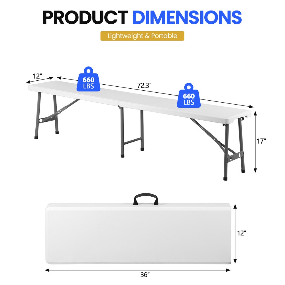 Folding Bench 6FT Plastic Folding Bench with Handles for Party Camping Picnic