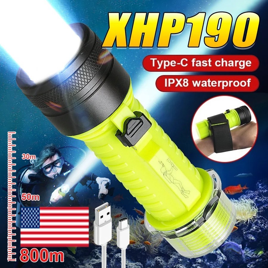 200000LM LED Diving Flashlight White/Yellow Double Light Torch Waterproof Lights