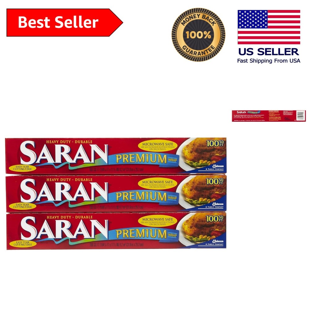 Durable 100 ft Saran Plastic Wrap - 3 Pack for Grilling, Baking & More