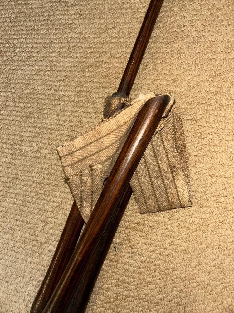 Antique Campaign Walking Stick Folding Tripod Stool - Canvas Strap Seat