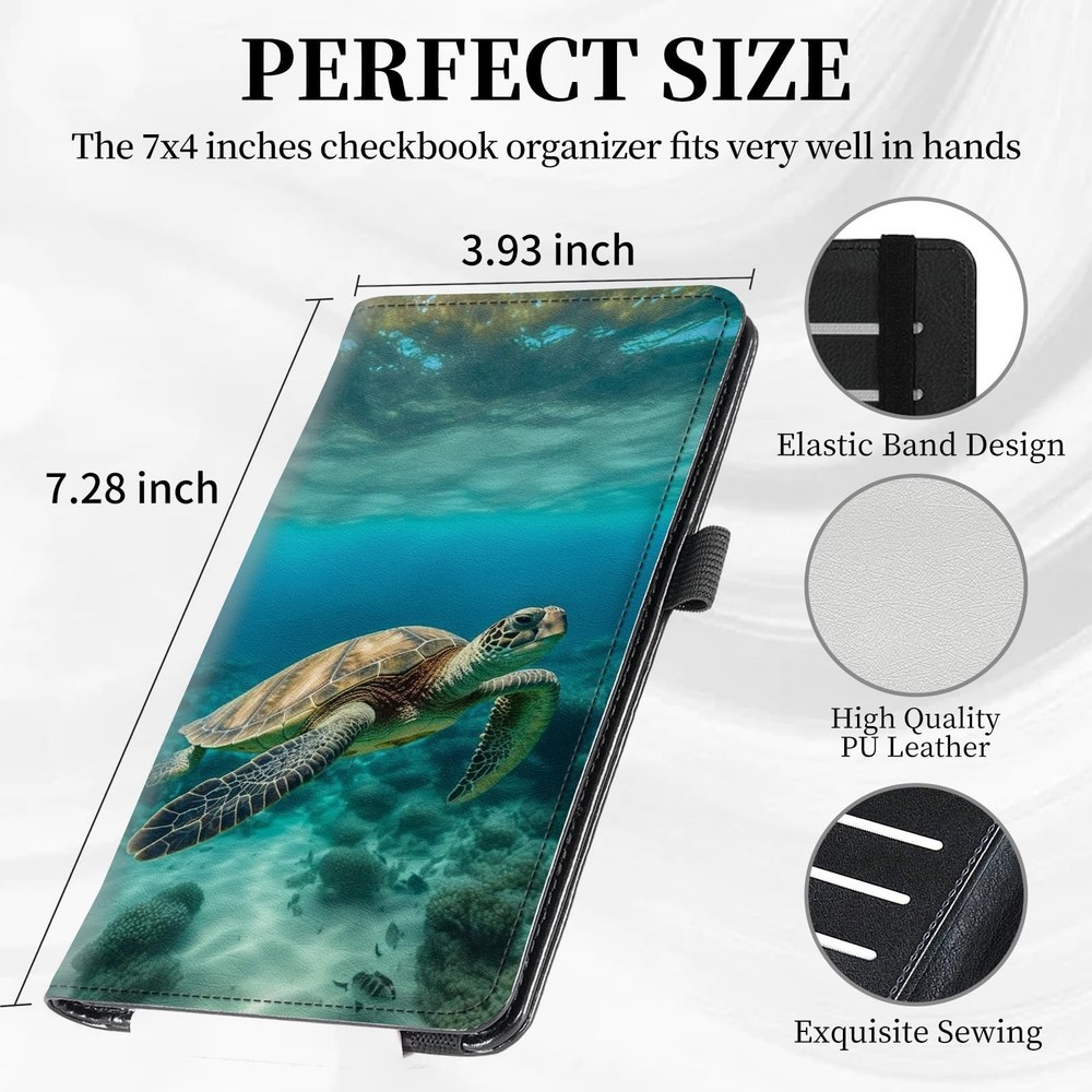 Check Book Cover for Personal Checkbook Green Sea Turtle Pattern Design PU Le...