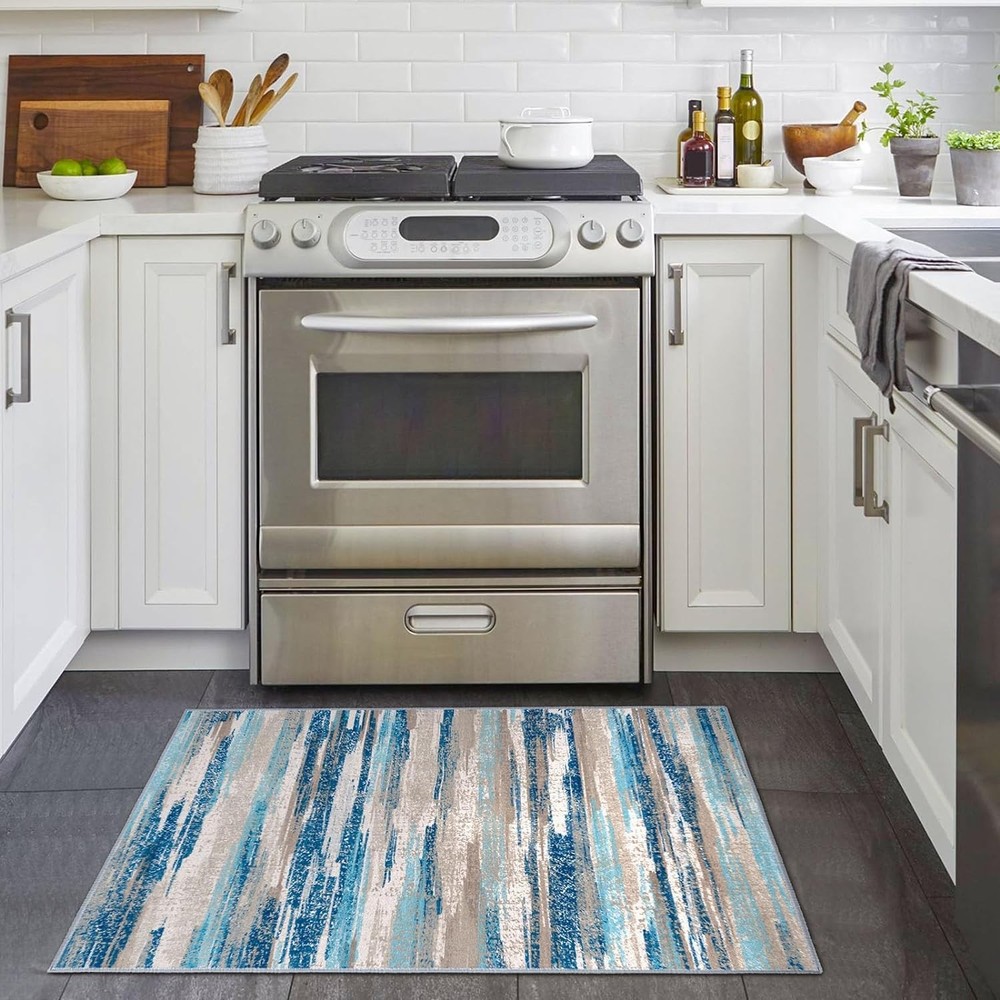 Modern Abstract Entryway 2' x 3' (Rectangular), Blue Aqua/Beige Taupe Multi