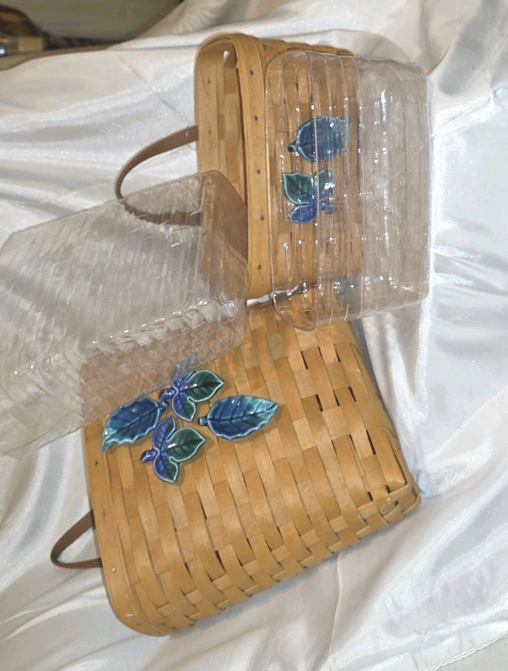 LANGABERGER 2-BASKETS THIN MAPLE W/CERAMIC(ADED)DECOR &PLASTIC LINER 2000 USA