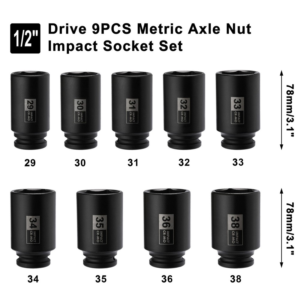 9PCS 1/2"Dr. Deep Spindle Axle Nut Impact Socket Set, CR-MO, Metric Large Socket