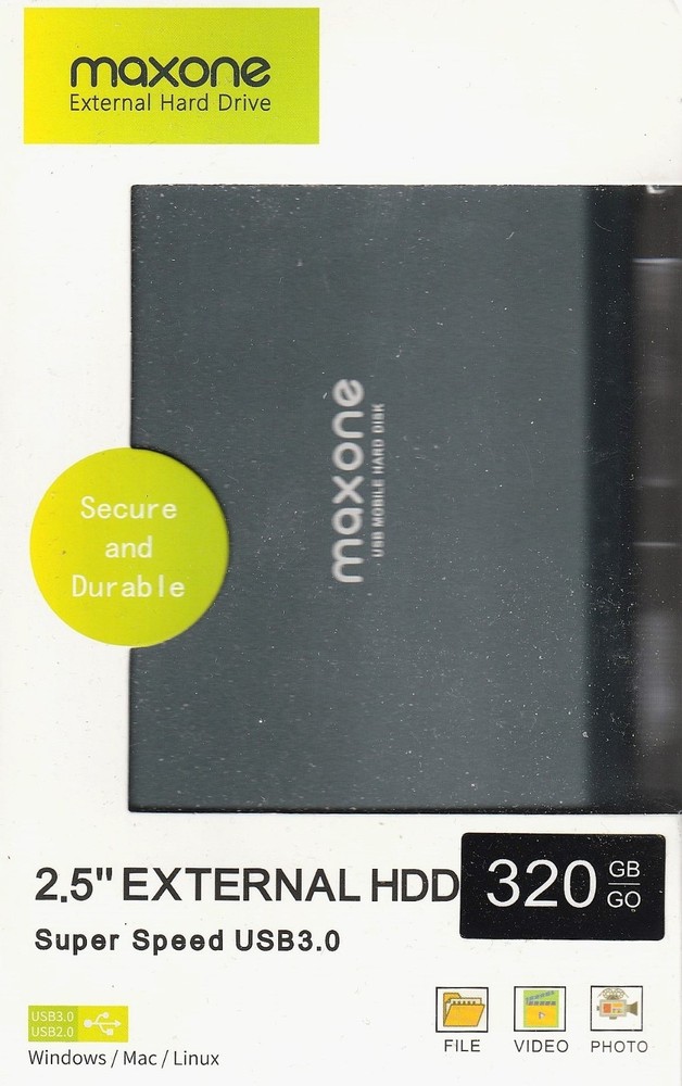 Maxone 320GB | 2.5" Ultra Slim External HDD | USB 3.0 | Win-Mac-Linux | New