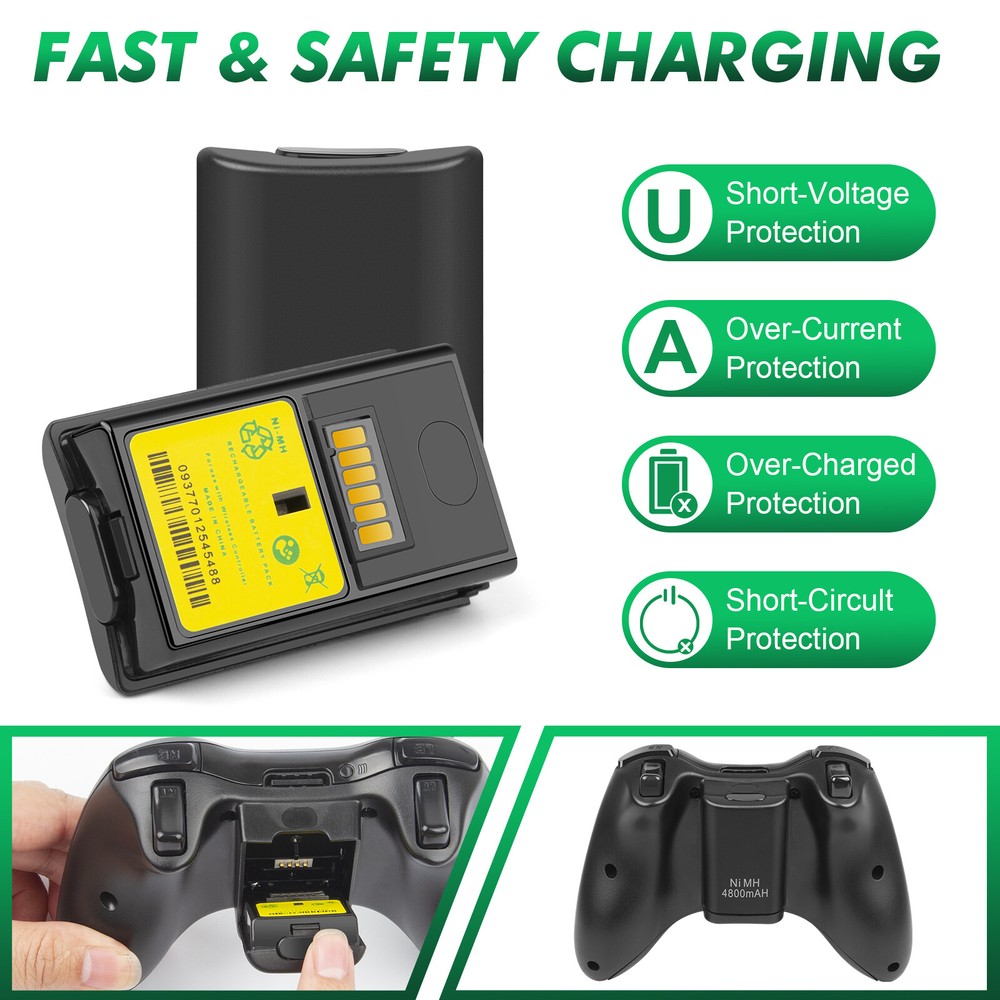 2 Pack 4800mAh Rechargeable Battery USB Charger Cable for Xbox 360 Controller