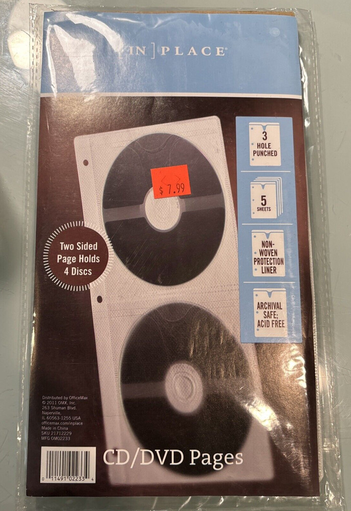 NEW IN PLACE TWO SIDED DISC HOLDER PAGES CD DVD  FIVE 5 SHEETS