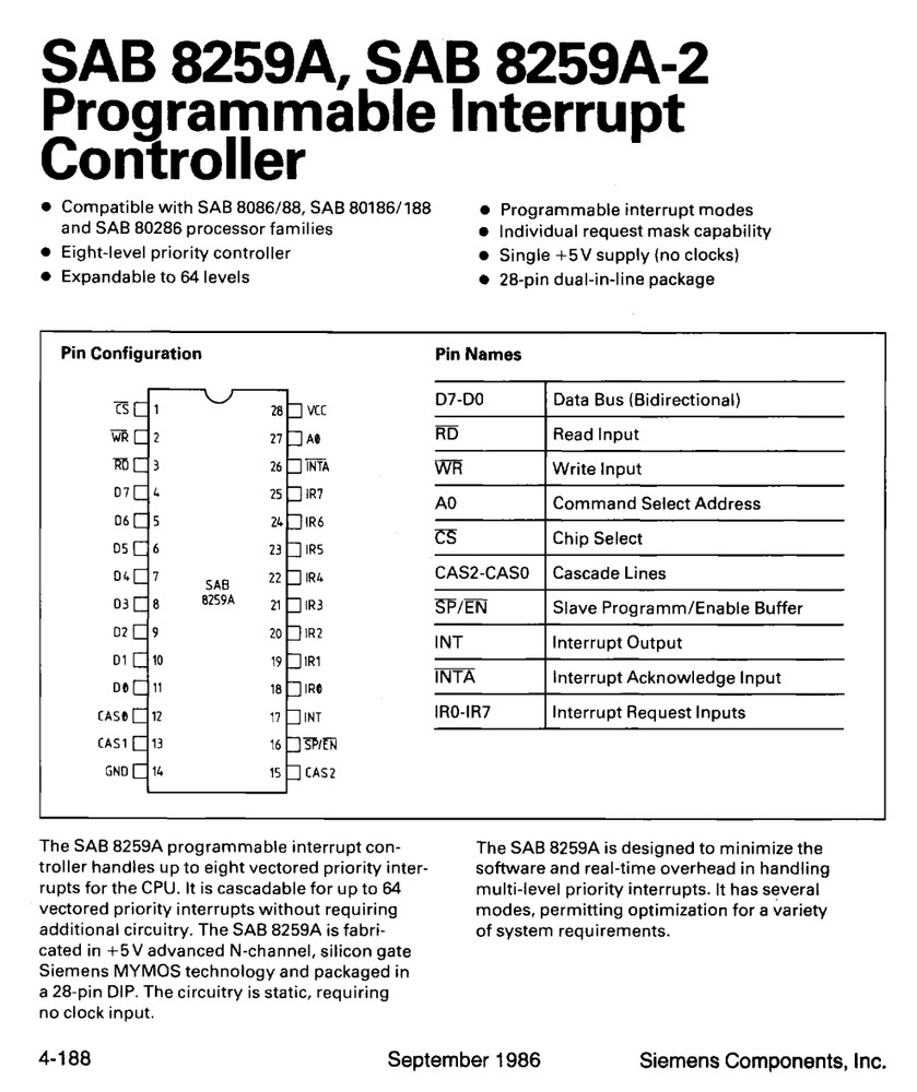 SAB8259AP SIEMENS Programmable Interrupt Controller IC 8-Input Cascadable DIP-28