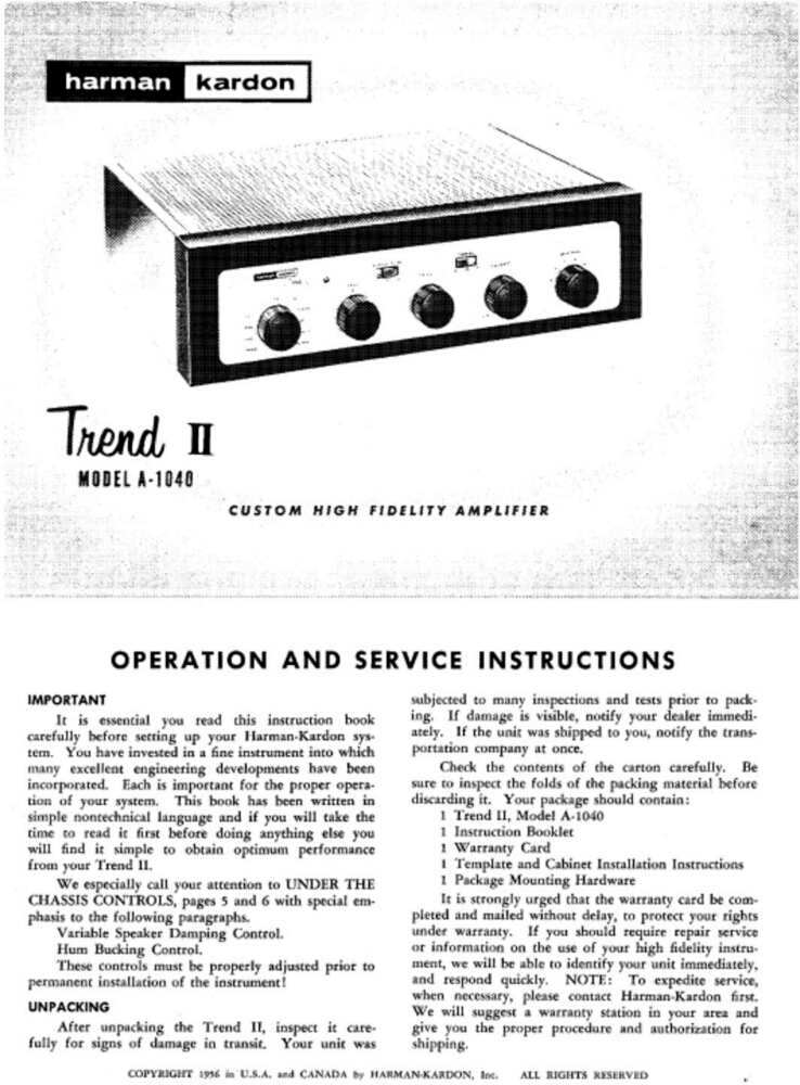 Harman Kardon A-1040 Receiver Owners Manual