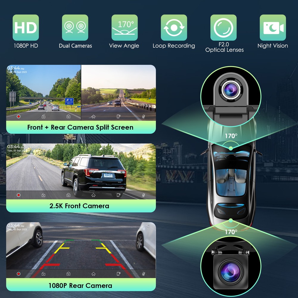 Aphqua 9.3'' Touchscreen 2.5K Dash Cam BT Wireless Apple Carplay & Android Auto