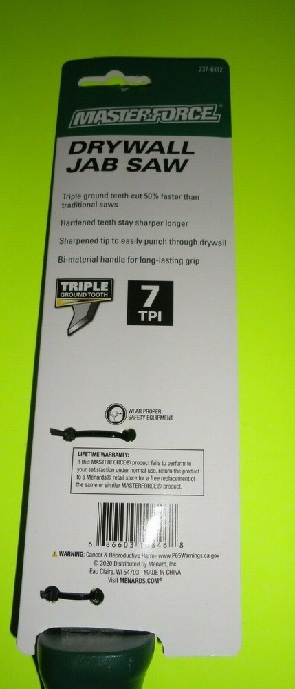 Masterforce Drywall Jab Saw 7" Hardened Triple Ground Teeth Sharpened Tip 7TPI
