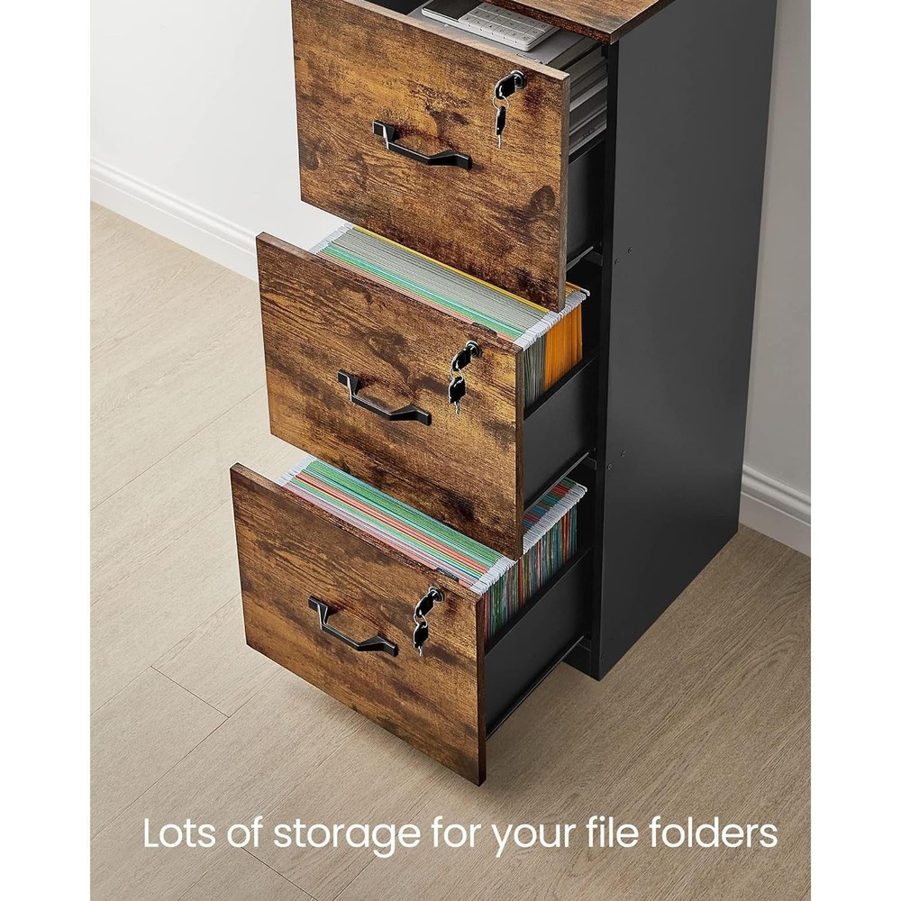 Brown Filing Cabinet With Lock And Printer Stand For Office