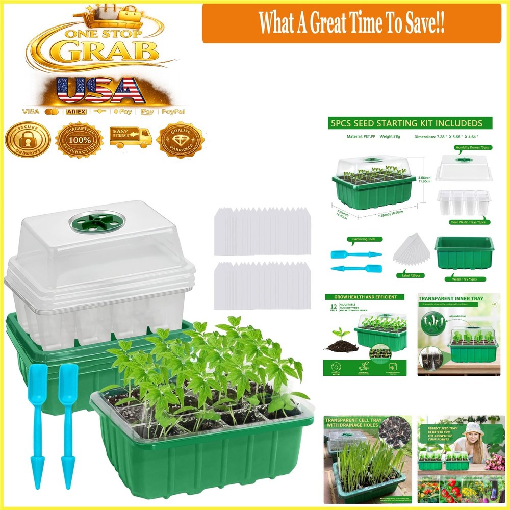 60-Cell Seed Starter Trays 5-Pack with Humidity Domes Labels Transplant Tools