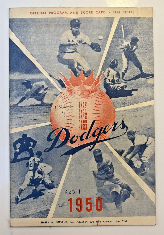 Oct 1, 1950 Dodgers Phillies Program Scorecard *Robin Roberts 20th Win* Robinson