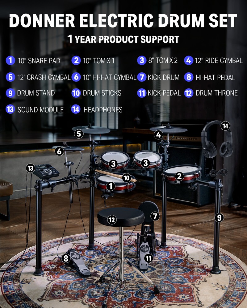 Donner DED-200 Max Electric Drum Set Dual Zone Mesh Pads Electronic Drum Kit