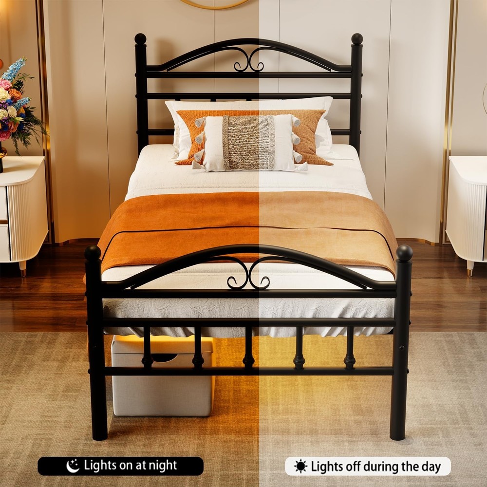 Twin Size Bed Frames with Charging Station,Black Metal Platform Bed Frame wit...