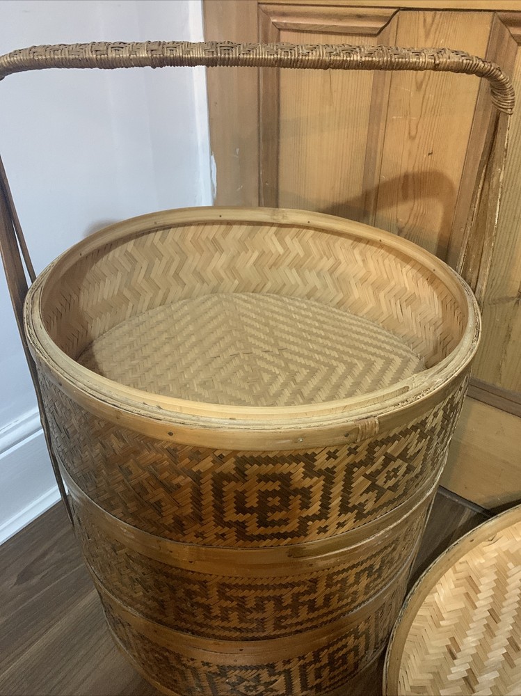 Vintage Japanese Three Tier Wicker Wedding Basket Storage - Large
